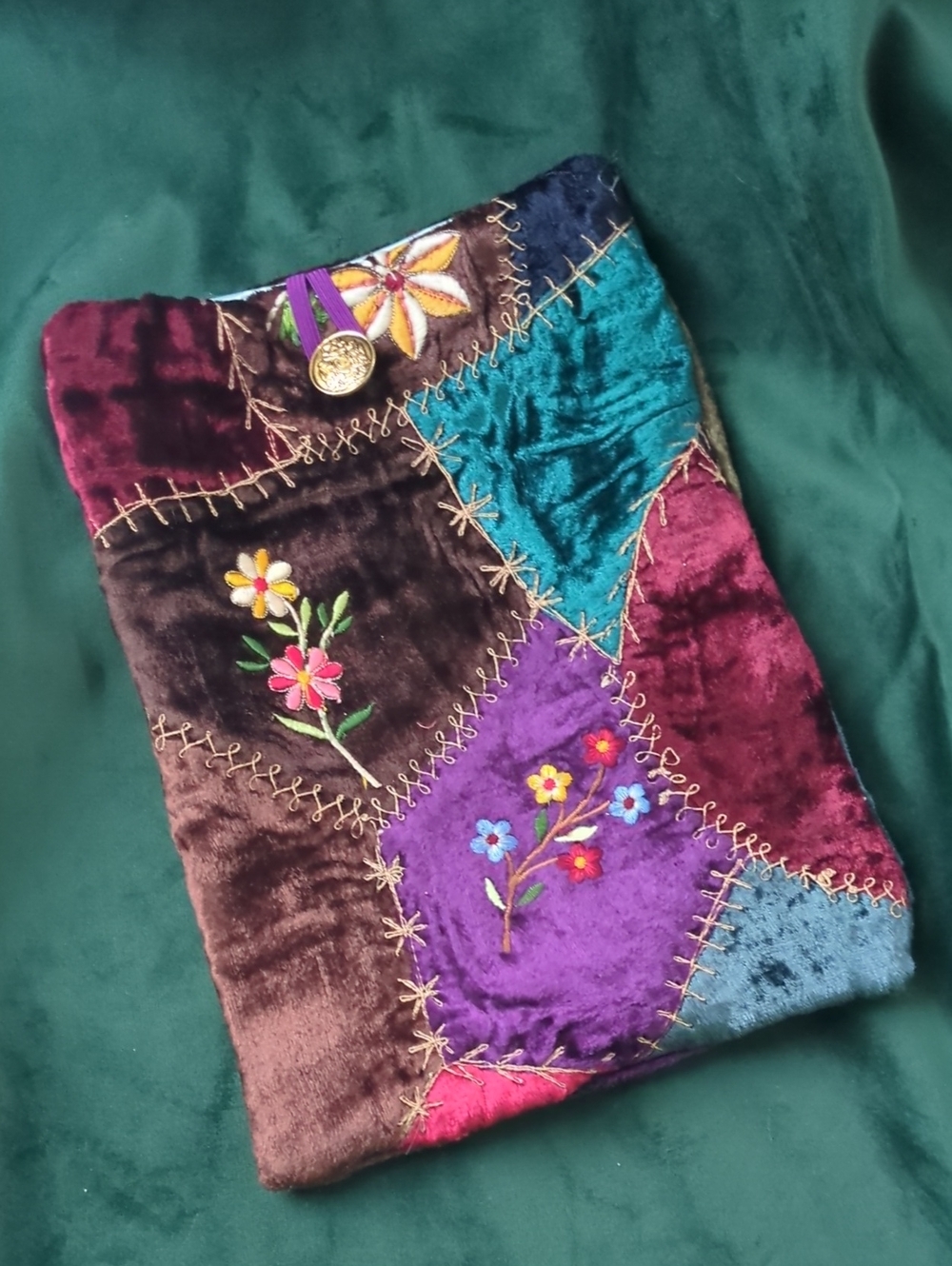 Handmade Jewel Tone Velvet Book Sleeve Vintage Crazy Quilt Embroidered